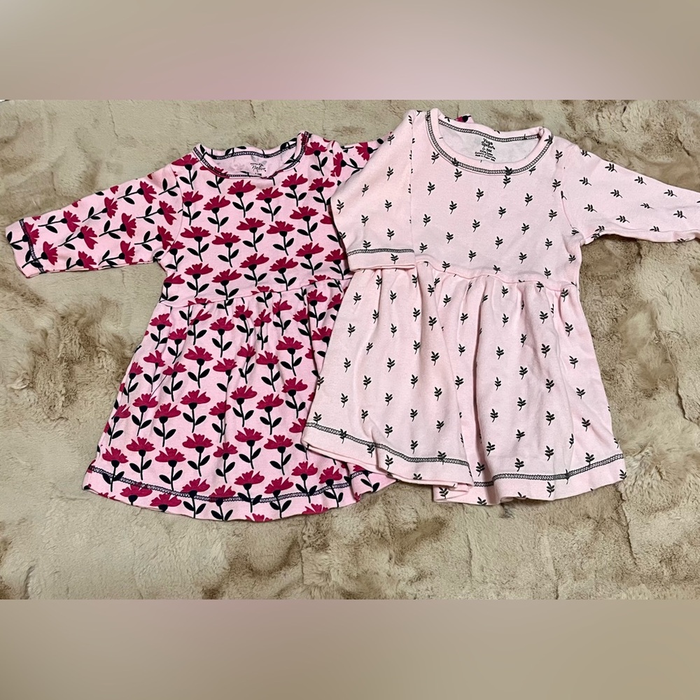Two Baby Girl 0-3 Months Organic Cotton Sweater Dresses Floral Pink